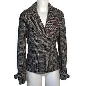 ZARA‎ BLACK & WHITE PLAID WOOL MOTORCYCLE JACKET